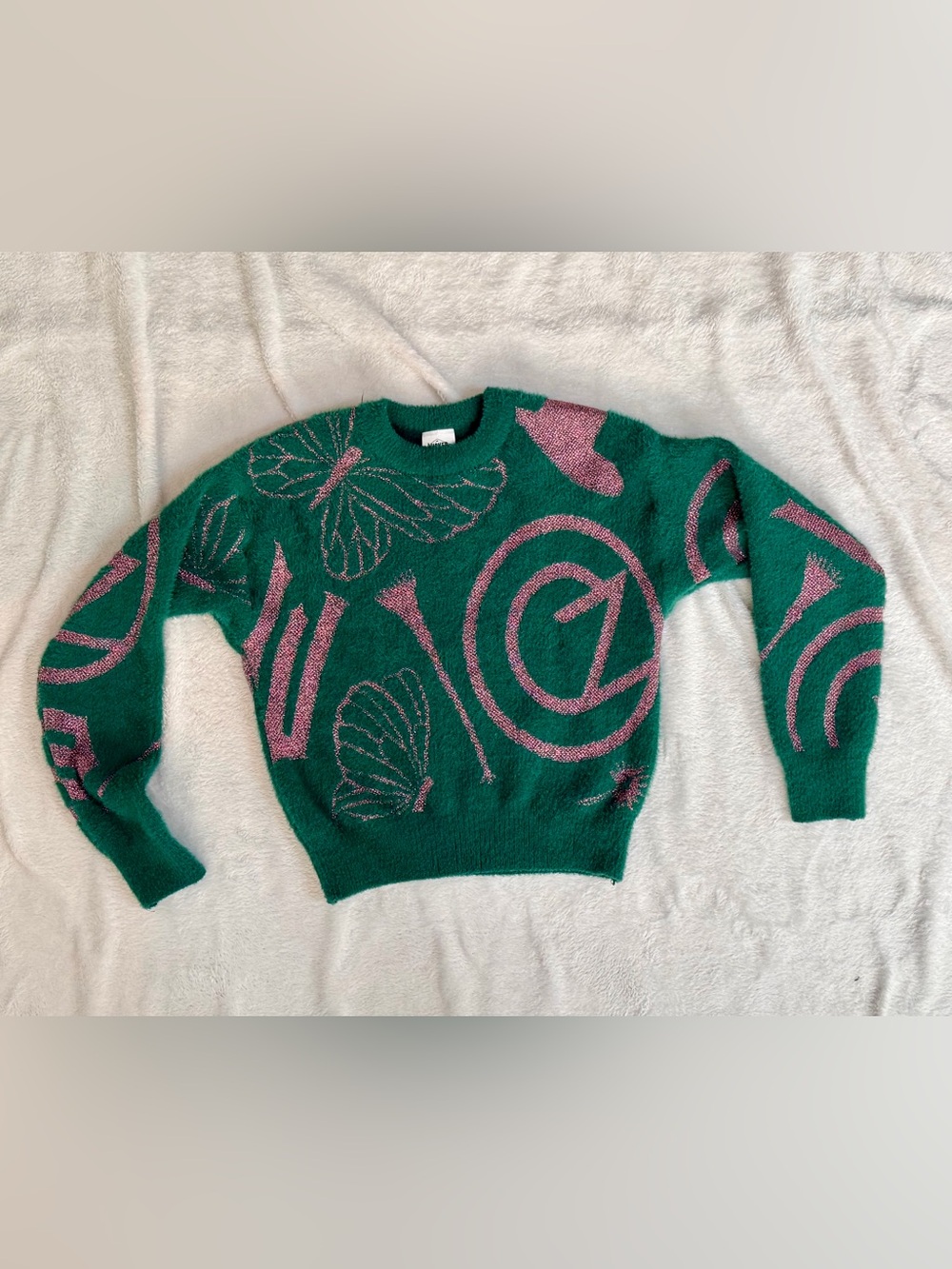 Wicked Girls’ Fuzzy Metallic Graphic Sweater Green Size M 7/8 NWOT